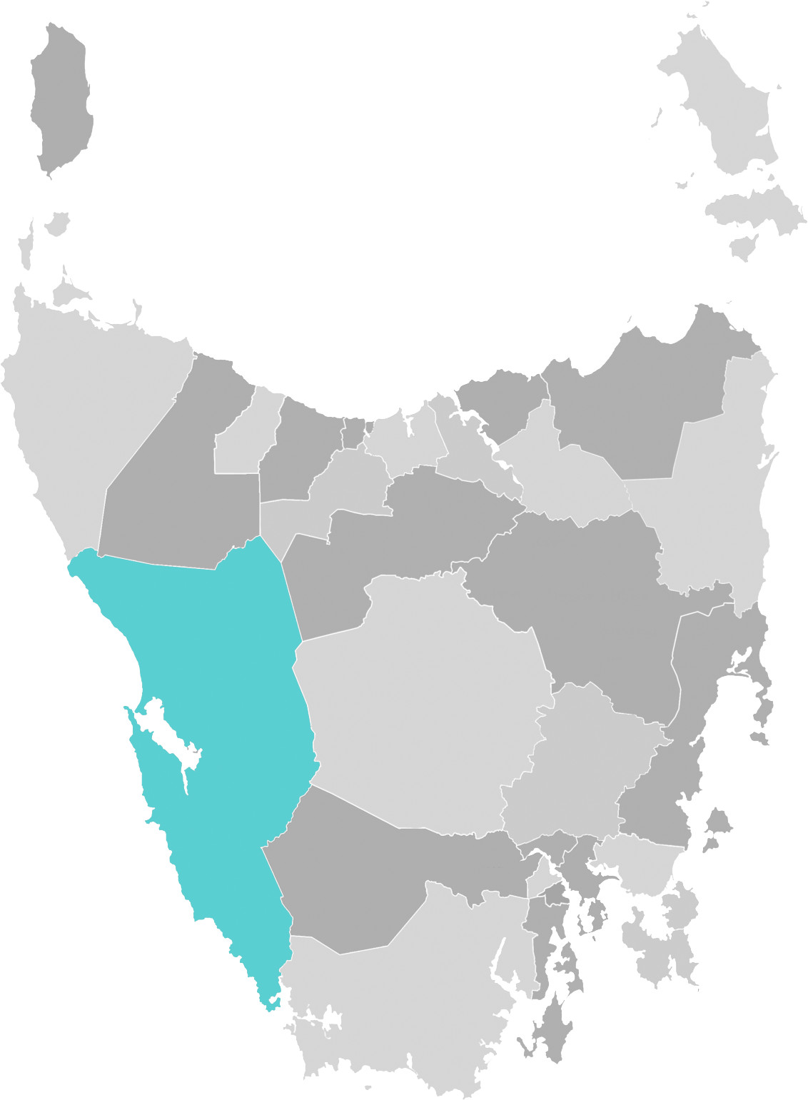Map of Tasmania with West Coast municipal area highlighted